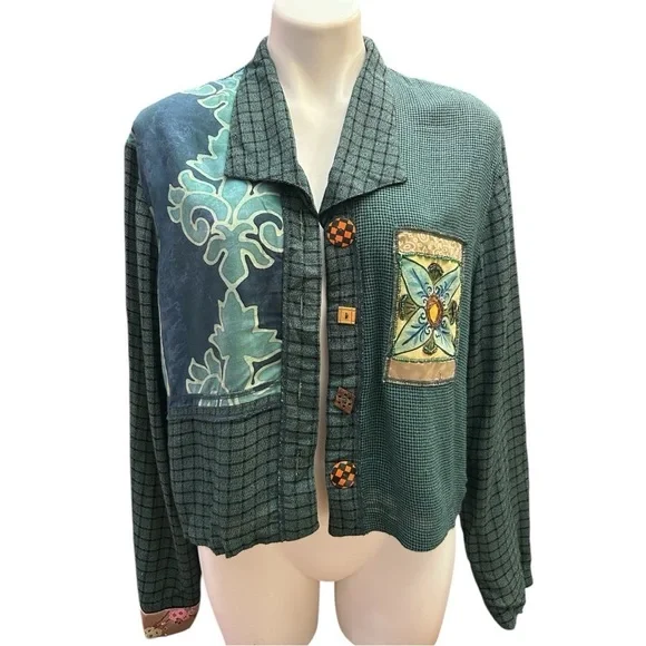 Vintage 90s Y2K Faith Unique Mixed Patchwork Boho Beaded Button Up Blazer Jacket - Picture 2 of 10